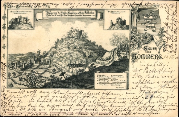 Chromo-Litho Homberg an der Efze Hesse, historical view, coat of arms, castle