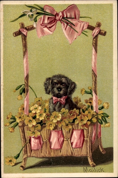 Artist Embossed Chromo-Litho Mailick, Dog in a Basket of Flowers