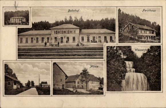 Ak Schwackenreute Mühlingen in Baden Württemberg, Bahnhof, Mühle, Wasserfall, Forsthaus
