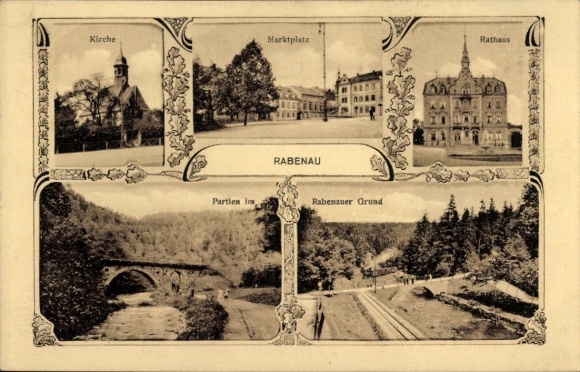 Postcard Rabenau in the Ore Mountains, church, market square, town hall, Rabenauer Grund