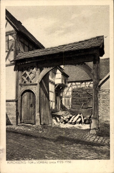 Postcard Kirch Göns Butzbach im Taunus Hessen, gate, porch, 1725-1750