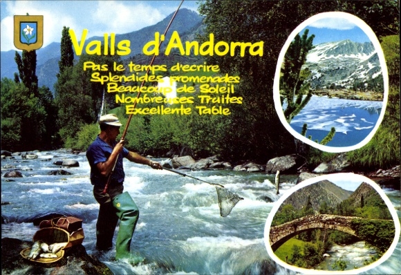 KP Andorra, wędkarz, ryba, most, widok ogólny, góry