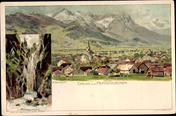 Artist Chromo-Litho Deuchert, H., Garmisch Partenkirchen in Upper Bavaria, Partnachklamm, Panorama of the place