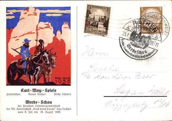 Ganzsachen Ak Kurort Rathen, Felsenbühne, Karl May Spiele, Werbeschau KdF Sammlergruppen 1938