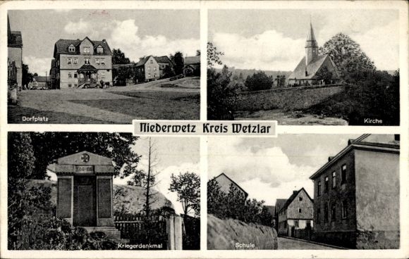 Postcard Niederwetz Schöffengrund in Hessen, church, war memorial, school, village square