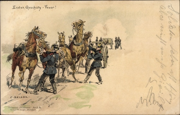 Kunstenaarskaart Becker, Carl, eerste kanonvuur, Duitse soldaten, wagens