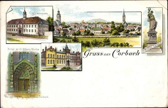 Chromo-Litho Corbach Korbach in Hesse, panorama, high school, portal of St. Kilian&#39;s church, institution, monument