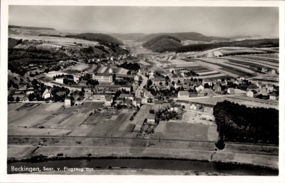 Postcard Beckingen in Saarland, aerial view of Saar, landscape, buildings, fields