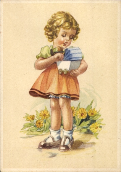 Postcard Girl with small doll's pram, portrait