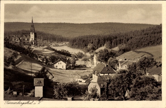 Postcard Tannenbergsthal in Vogtland, total view, church tower