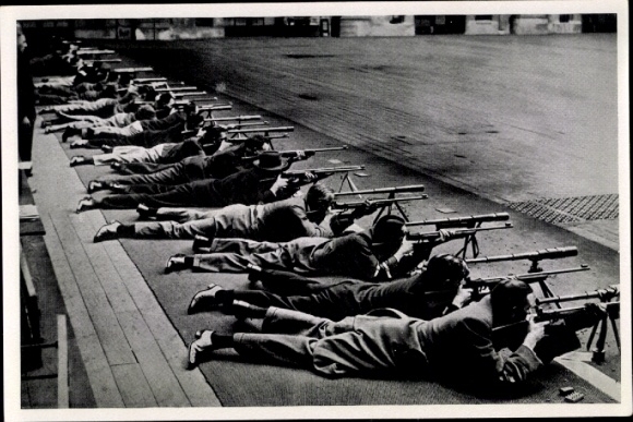 Collector's picture of the 1936 Olympics, shooting from small-caliber rifles in the Alexander Palace in London