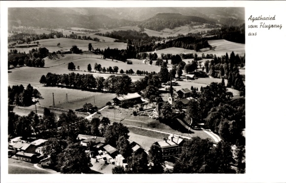 Postcard Agatharied Hausham in Upper Bavaria, aerial view of rural surroundings, forest, church