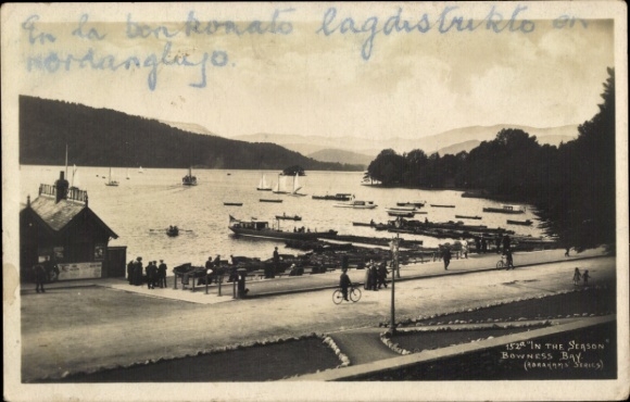 Postcard Bowness on Windermere Cumbria England, lake with boats, cyclists, gazebo, picturesque mountain...