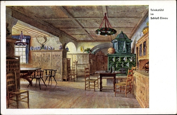Kunstenaarsbriefkaart Compton, Edward Harrison, Klais Krün Opper-Beieren, Elmau Castle, Trinkstübl