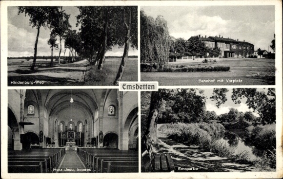 KP Emsdetten w Westfalii, dworzec kolejowy, dziedziniec, Hindenburg-Weg, kościół Herz Jesu, wnętrze, Ems