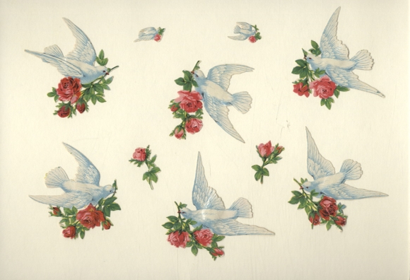 10 wafers white doves with roses in their beaks, approx. 8 x 9 cm to 1.5 x 2.5 cm