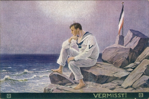 Artist Postcard Missing, Shipwrecked German Sailor on a Rock by the Sea