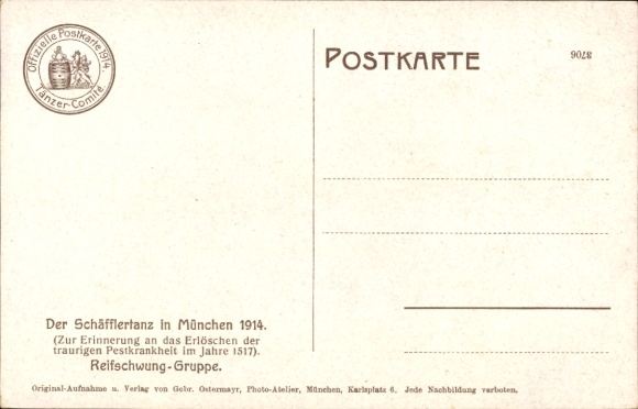 Postcard Munich, English Garden, Kleinhesseloher See, Schäfflertanz 1914, Reifschwung group, festl