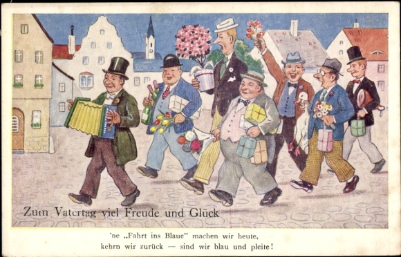 Artist Postcard For Father's Day much joy and happiness, men with gifts and flowers