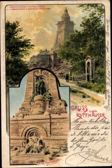 Artist Chromo-Litho Spindler, Erwin, Kyffhäuserland Thuringia, national monument, memorial stone for German students