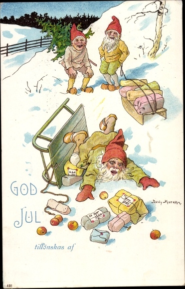 Chromo-Litho congratulations Christmas, gnomes, accident, sleigh ride, gifts
