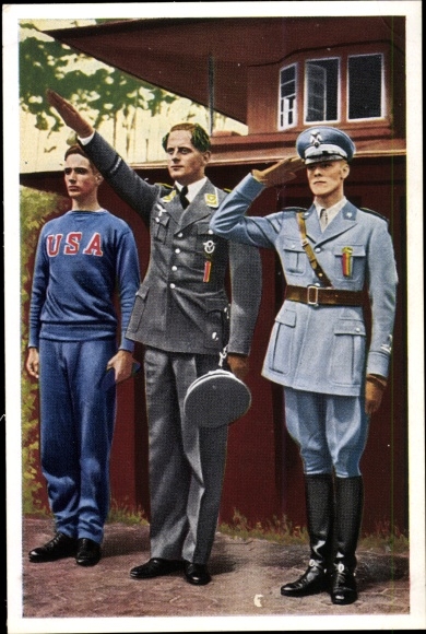 Sammelbild Olympia 1936 Serie 18 Bild 6, Fünfkampf, Handrick, Leonard, Abba, Franck Kaffee