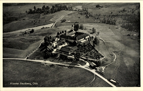 Postcard Sachsenkamm in Upper Bavaria, Reutberg Monastery, aerial photograph