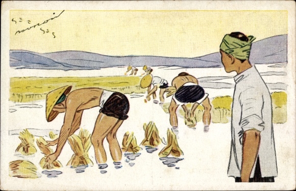 Artist Postcard Vietnam, Indo-China Rice, Uprooting before transplanting, Feldarbeit