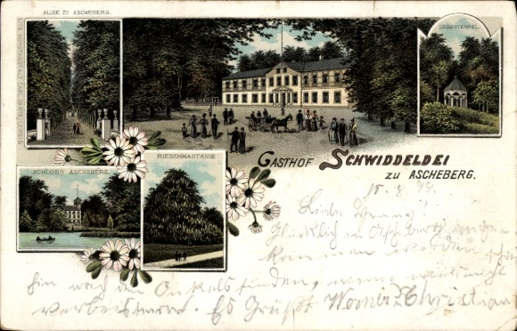 litho Ascheberg in Sleeswijk-Holstein, kasteel Ascheberg, gigantische kastanjeboom, Hotel Schwiddeldei