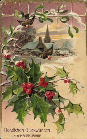 Geëmbosseerde litho Gefeliciteerd Kerstmis, maretak, hulsttakken, vogel