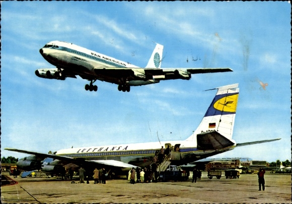 Postcard Rhein Main Airport, passenger aircraft Lufthansa, Pan American