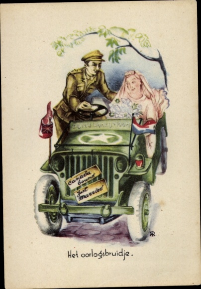 Artist Postcard Patriotik Netherlands, war bride, Canadian soldier