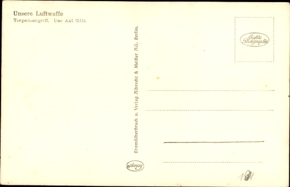 Postcard German Air Force, Heinkel He 111 H fighter aircraft dropping torpedoes, The Eel Falls, WWII