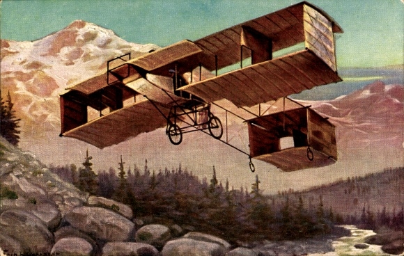 Artist Postcard Hildebrandt, Zipfels flying machine, biplane in the mountains, aviation pioneer