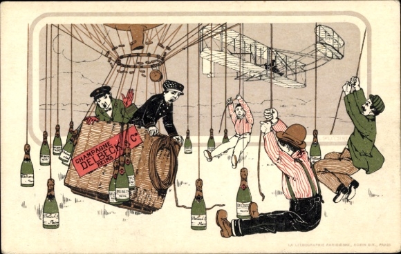 Artist Chromo-Litho Balloon, Biplane, Champagne Bottles, Advertising, Champagne Delbeck