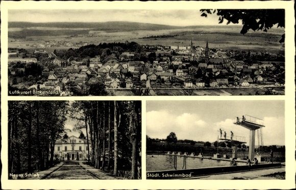 Postcard Birkenfeld an der Nahe, panorama, new castle, city. Swimming pool