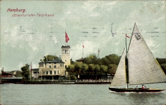 Postcard Hamburg Nord Uhlenhorst, Uhlenhorster Fährhaus, sailboat, lake