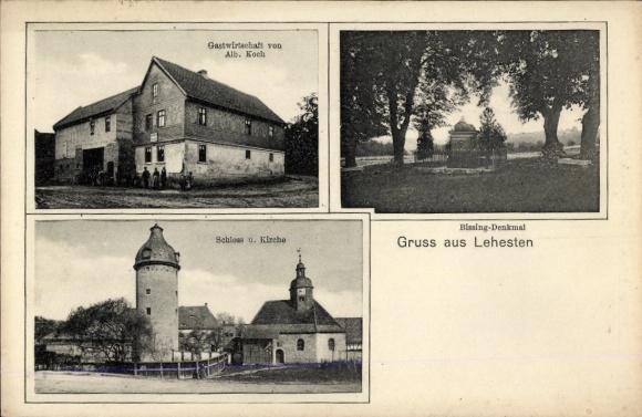 Postcard Lehesten in the Thuringian Forest, Alb. Koch's inn, castle and church, Bissing memorial