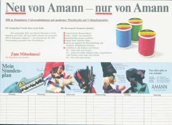 Timetable Advertising, Amann, Universal Sewing Thread, Hand Puppets
