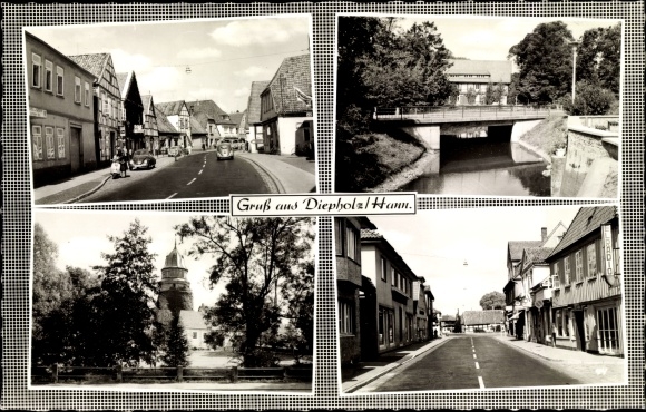 Postcard Diepholz in Lower Saxony, views, bridge, church, street section
