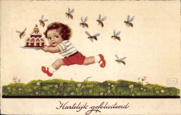 Artist Postcard Wills, John, Child with Cake, Swarm of Wasps