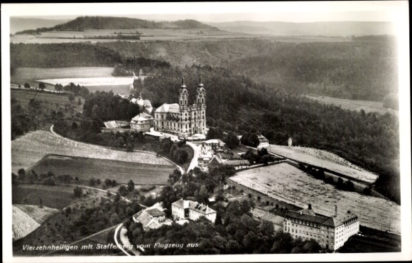 Postcard Vierzehnheiligen Bad Staffelstein am Main Upper Franconia, aerial photograph, Staffelberg