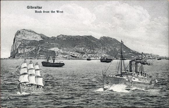 Gibraltar, rots op de achtergrond, schepen op het water, afbeelding