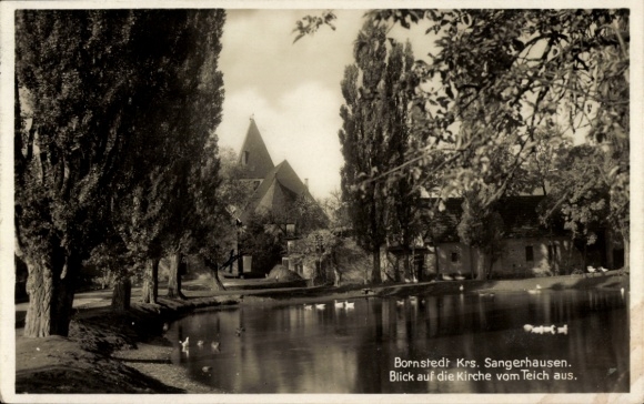Postcard Bornstedt in Saxony-Anhalt, church, pond, trees, black and white photography