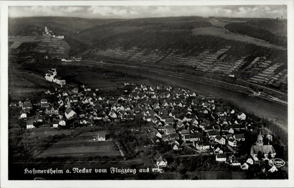Postcard Haßmersheim in Baden Württemberg, aerial view of Nedar, landscape, houses