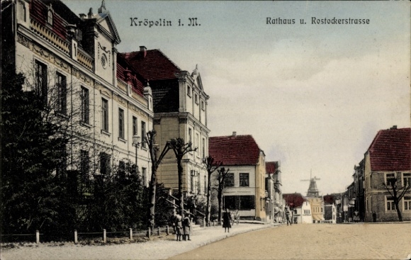 Postcard Kröpelin in Mecklenburg, Town Hall, Rostocker Straße, Windmill
