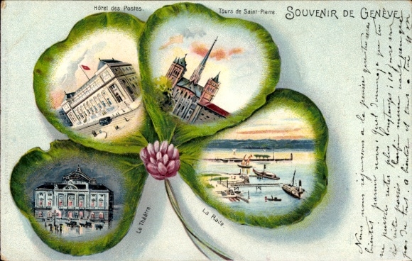 Cloverleaf lito Genève Genewa Szwajcaria, Hotel des Postes, Teatr, Tours de Saint-Pierre