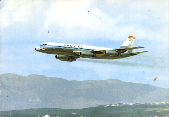 Postcard Spanish passenger aircraft of Spantax, Convair CV 990 A Coronado