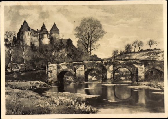 Artist PC Burger, Josef, old bridge, HDK 436, river section with castle