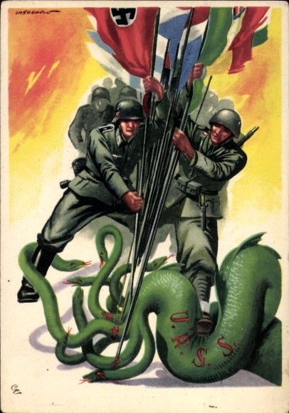 Künstler Ak Achsenmächte Deutsches Reich, Italien, Japan, Soldaten erstechen sowjetische Schlange